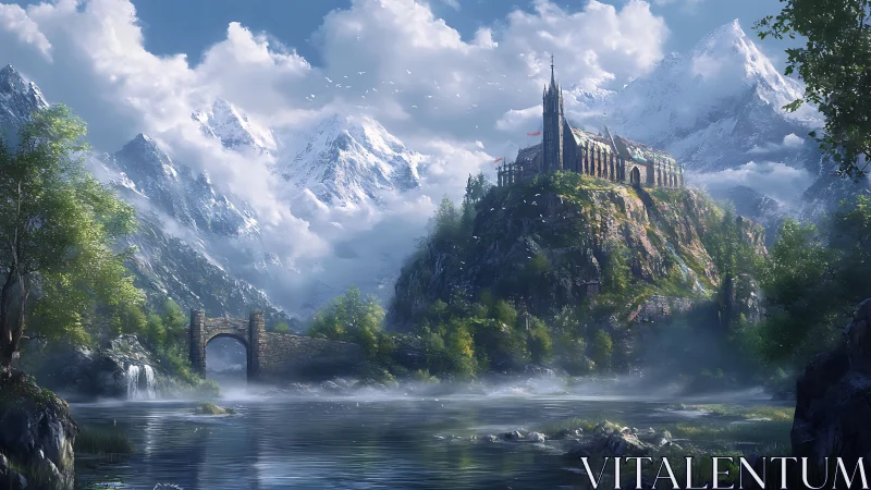 Gothic mountain citadel overlooks misty river valley