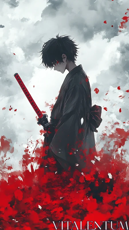 Silent samurai stands in crimson petals and stormy sky