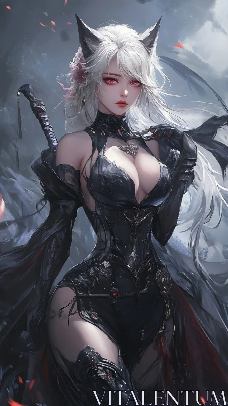 Dark cat-eared swordswoman in ornate black battle armor.