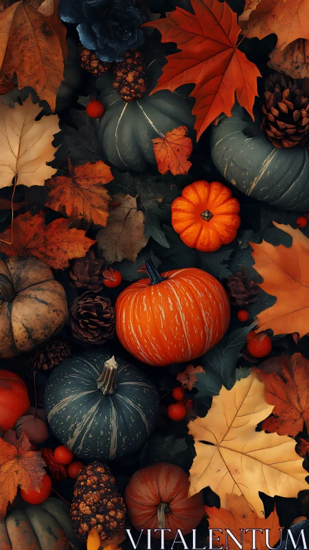 Autumn pumpkins, leaves, and pinecones in flat lay scene.