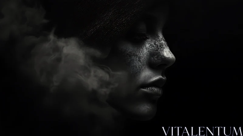 Side profile portrait of textured face emerging from smoke