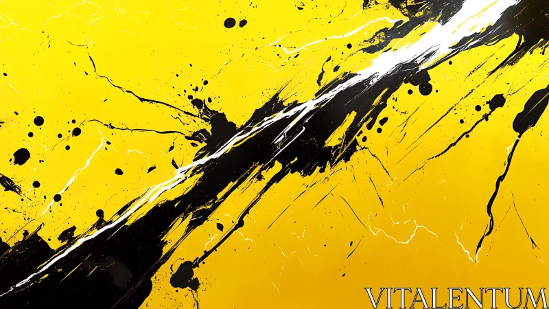 Yellow abstract splatter with diagonal black fracture.