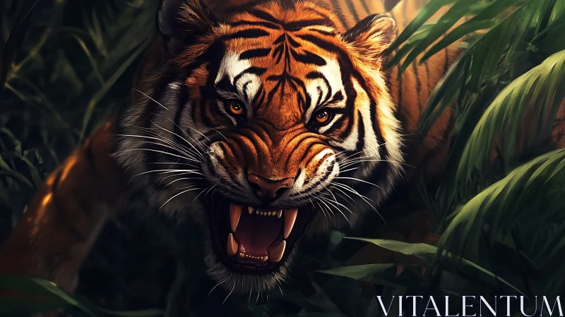Predatory tiger emerging from dense jungle shadows roaring fiercely.