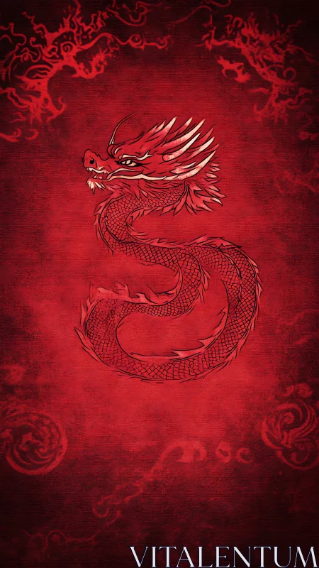 Scarlet serpentine dragon illustration on textured crimson field.