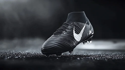 Black Nike football boot rests on wet synthetic turf