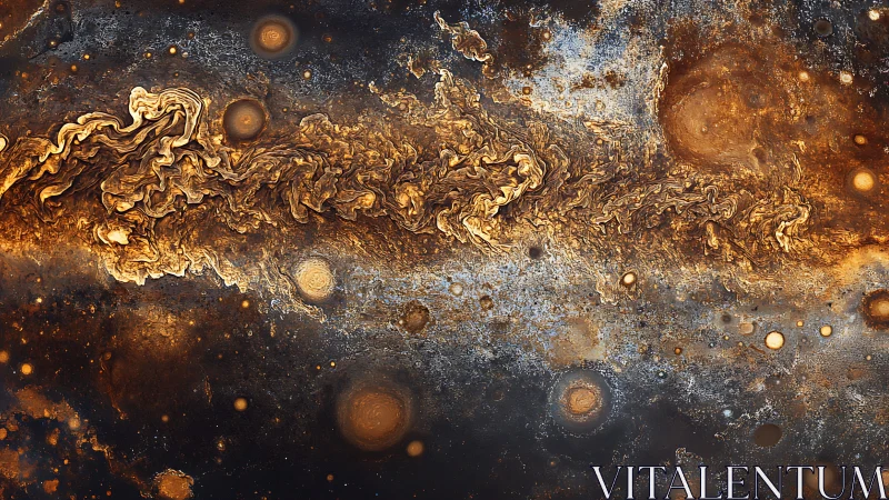 Turbulent metallic nebula stream with swirling golden vortices