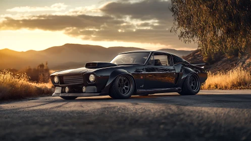 Widebody muscle car with aero kit parked on rural mountain road