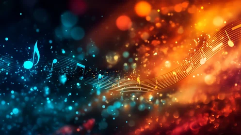 Glowing musical notes flowing through bokeh light fields.