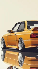 Digital rendering of lowered yellow coupe with mirrored reflection.