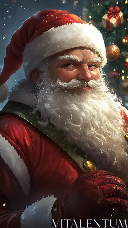 Santa Claus portrait near decorated tree in snowfall.