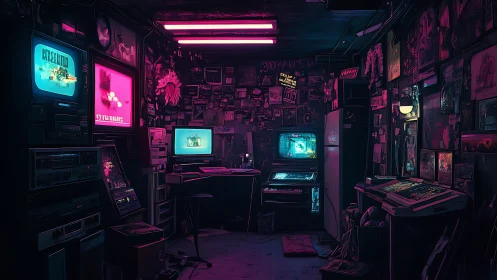 Neon hacker den humming with retro monitors and secret glow.