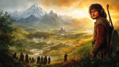 Epic fantasy landscape with adventuring party under warm volumetric light