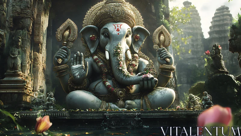 Lotus-lit Ganesha sanctuary in moss-kissed temple ruins.