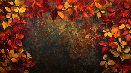 Autumnal leaf border framing textured oxidized surface.