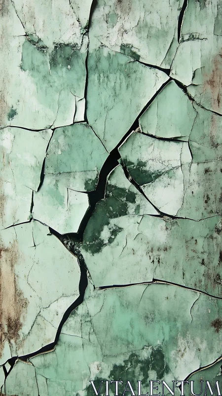 Fractured turquoise paint layer exhibits advanced cracking and delamination