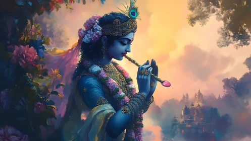 Serene blue deity plays a flute amid glowing floral clouds