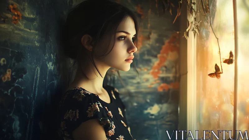 Pensive girl in warm window light with drifting butterflies.