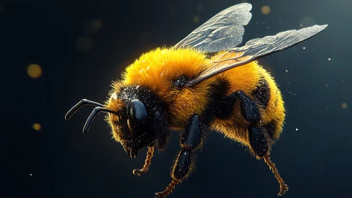 Macro render shows detailed flying bee against dark background