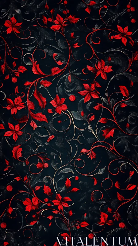 Crimson floral vines intertwine across deep midnight background
