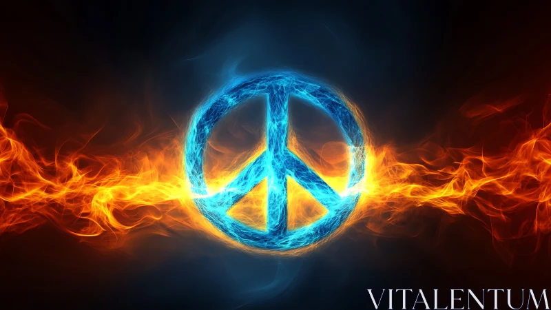 Electric peace emblem ignites in twin streams of elemental fire.