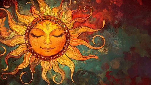 Stylized anthropomorphic sun on textured abstract ground.