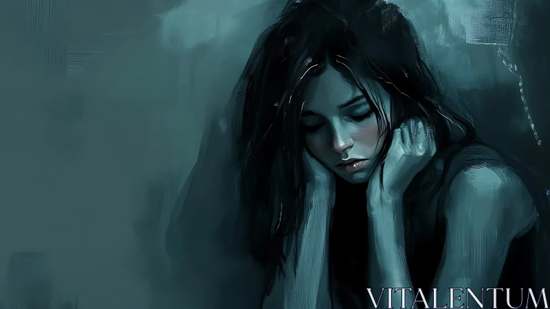 Somber blue portrait of pensive woman in painterly shadows.