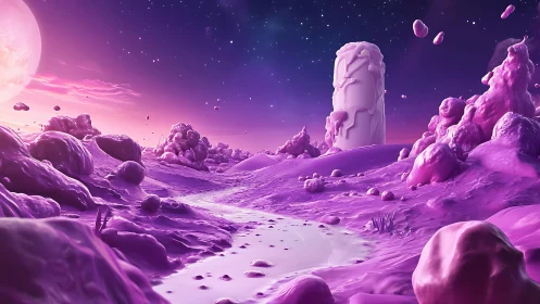 Iridescent alien valley renders glossy magenta exoplanetscape