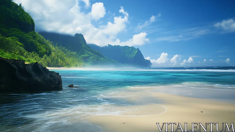 Tropical beach with vertical sea cliffs and turquoise waters.