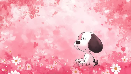 Cartoon puppy sitting in pink floral meadow background.
