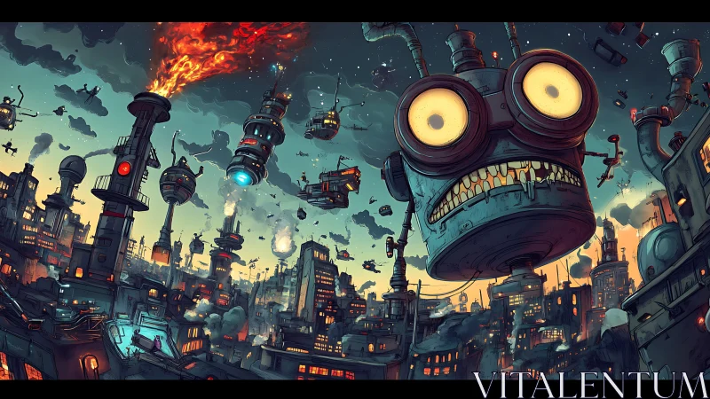 Chaotic robot head over dense industrial sci fi cityscape.