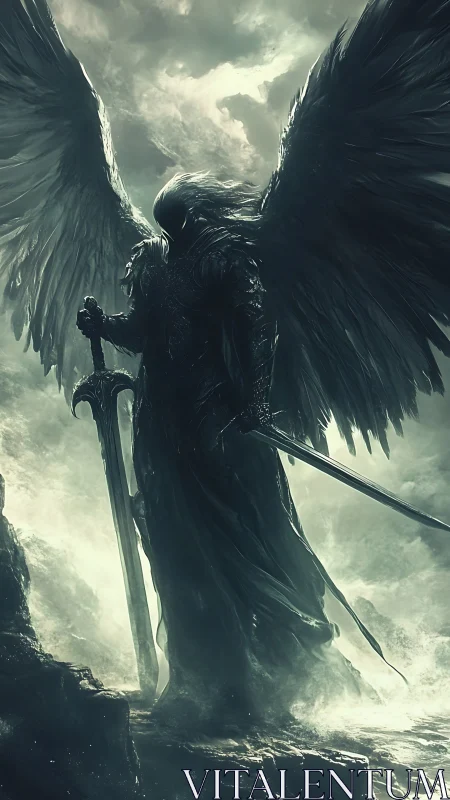 Dark angel warrior stands amid stormlit celestial ruins