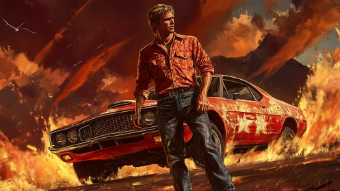 Flaming road hero strides forward beside his blazing muscle car