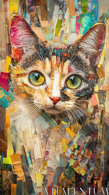 Mixed Media Feline Portrait: Layered Collage Composition.