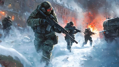 Brave Soldiers Battle Through Snowy Urban Conflict.