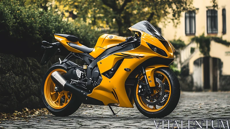 Golden sport bike waiting for a relaxed autumn city ride.