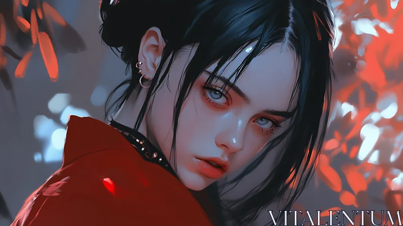 Moody blue eyed girl meets glowing red evening leaves