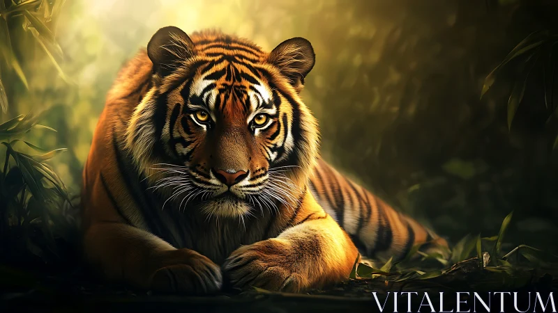 Photorealistic tiger portrait in cinematic jungle lighting.