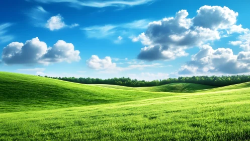 Sunlit emerald hills rolling beneath drifting cotton clouds.