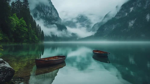 Wooden rowboats rest on misty alpine lake at dawn