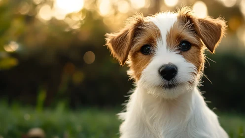 Sunlit puppy gazes up with curious, heartwarming eyes.