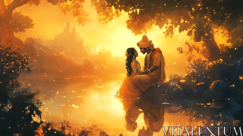 Couple in Water at Sunset with Golden Atmospheric Effect