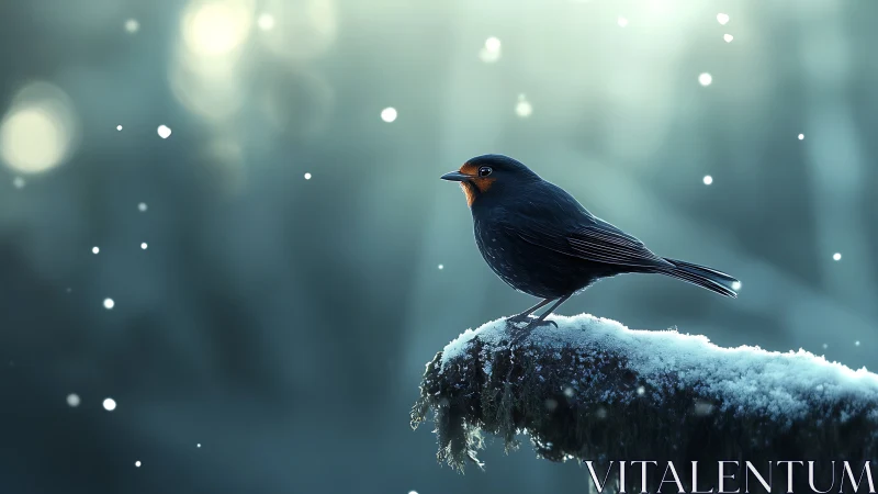 Blackbird on snowy branch in serene winter scene, soft focus.