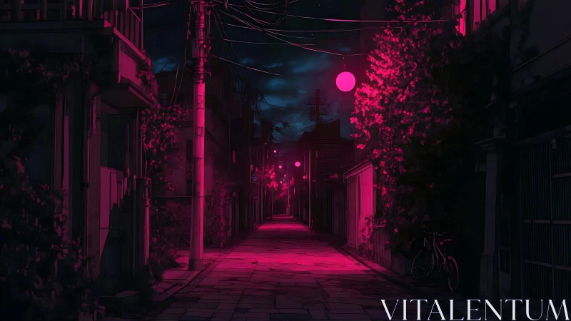 Quiet alleyway under neon pink night street lighting.