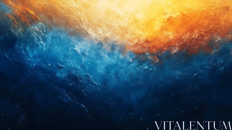 Dreamy cosmic sky where golden light meets deep ocean blue.