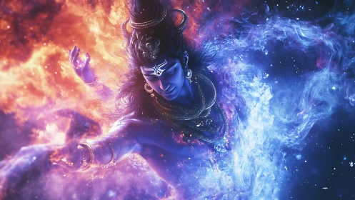 Celestial deity dances through swirling fire and cosmic ice