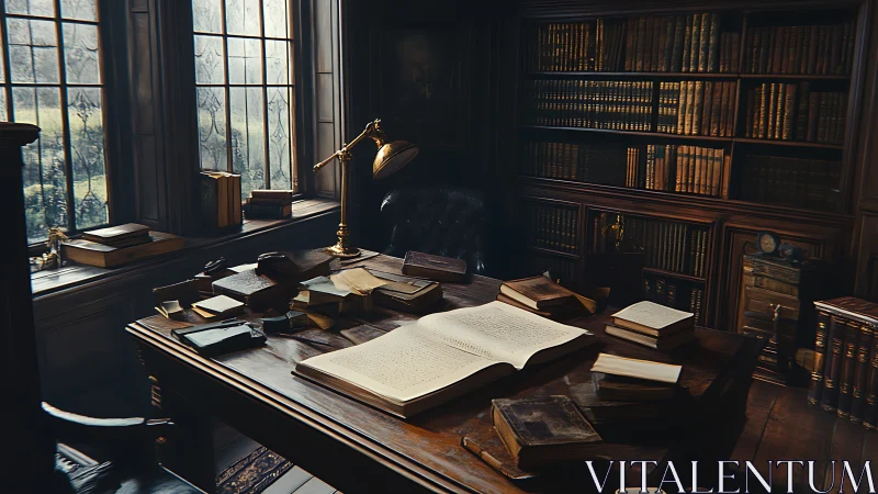 Sunlit library study filled with well-loved vintage books.
