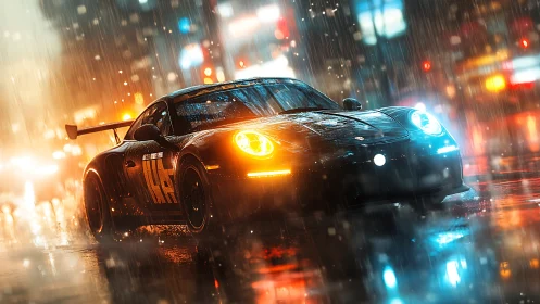 Midnight racer gliding through neon city rainstorm streets.