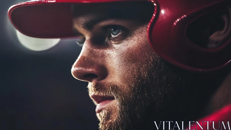 Baseball player portrait under stadium lights in profile.