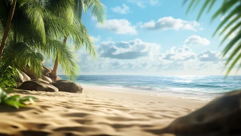 Tropical Beach Paradise Beneath Palm Fronds and Blue Sky.