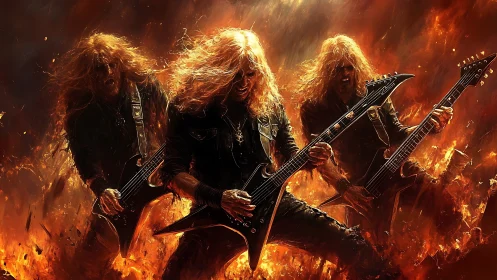 Metal guitarists shred amid roaring inferno and sparks.